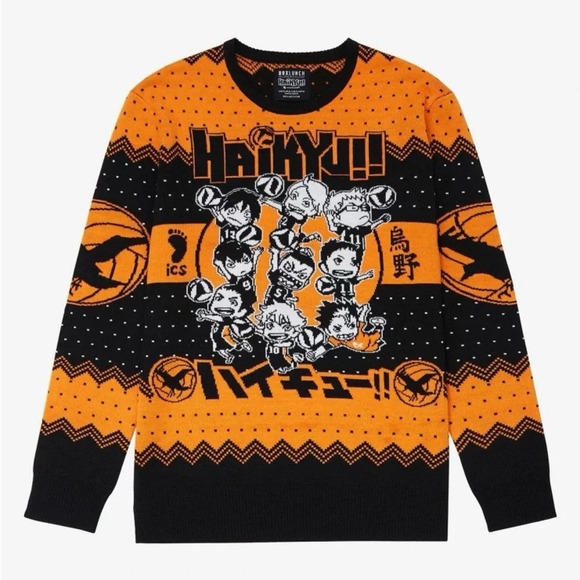 BoxLunch x Haikyu!! NWOT Karasuno Crows Chibi Team Holiday Sweater - Picture 1 of 7